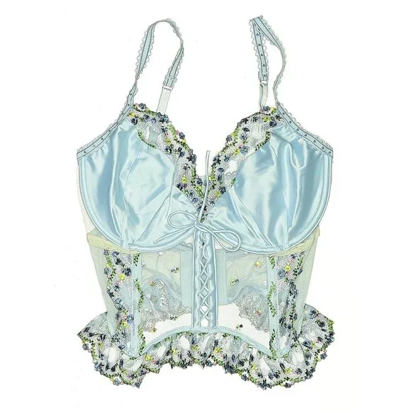 For Love & Lemons Blue Floral Embroidered Bustier Bralette Corset Top | Coquette - Picture 3 of 15